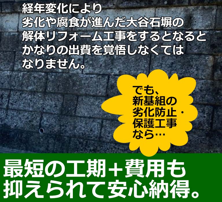 経年変化により劣化や腐食が進んだ大谷石塀の解体リフォーム工事をするとなるとかなりの出費を覚悟しなくてはなりません。でも、新基組の劣化防止・保護工事なら… 最短の工期+費用も抑えられて安心納得。